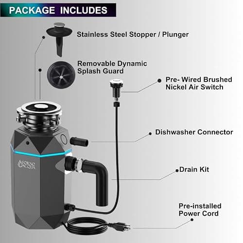 FORNO ACQUA BrightDiamond Black Onyx 1 HP Ultra-Quiet Garbage Disposal with Motion Sensor Light & Pre-Wired Air Switch — view 4