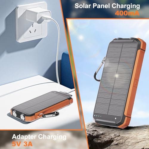 Solar Charger Power Bank 20000mAh, Wireless Fast Charging Battery Pack with 3 Built-in Cables & USB-C Input, Dual LED Flashlights, Portable Phone Charger for Camping, Travel & Emergency Use (Orange) — view 3