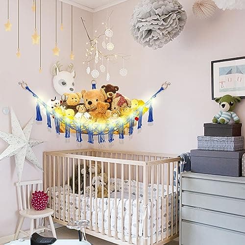 CERETIA Stuffed Animal Hammock with LED Light, Toy Hammock for Stuffed Animals Storage for Kids Room Decor, Stuffed Animal Hammock Corner, Royal Blue — view 2