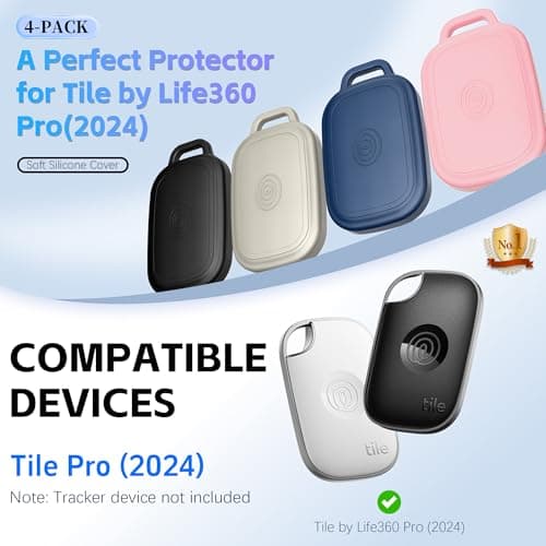 4 Pack Case for Tile by Life360 Pro (2024),with Keychain, Soft Silicone Holder for Tile Pro（2024）,Anti-Scratch & Anti-Shock,for Keys, Bags, Pets，Luggage (Black + Off-White + Dark Blue + Pink)