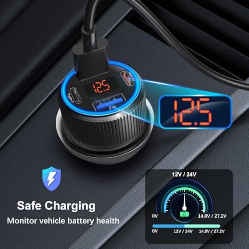 USB C Car Charger, Costyle 65W Dual USB-C & USB-A Multi Port Cigarette Lighter Adapter with Voltmeter QC/PD 3.0 Fast Charging 12V Car Phone Charger for iPhone 17 16 15 14 13 12 Pro Max Samsung(Black) — view 3