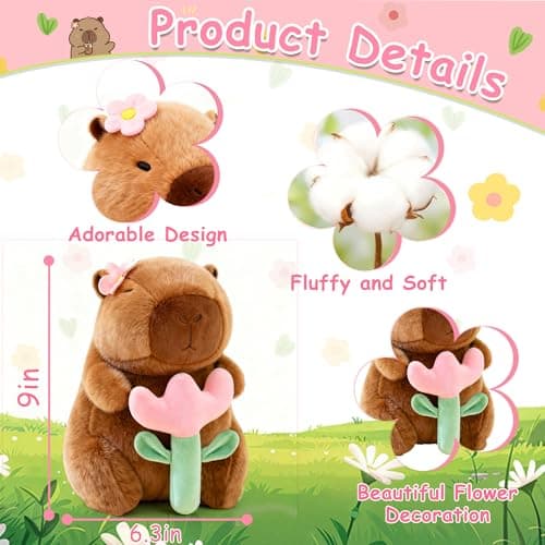 redaica Flower Capybara Plush, Cute Capibara Plushies Toy, Kawaii Soft Graduation Stuffed Animals, Plush Toy for Mom, Birthday Favors, Classroom Prizes Girls for Girls Kids Adults (9in) — view 5