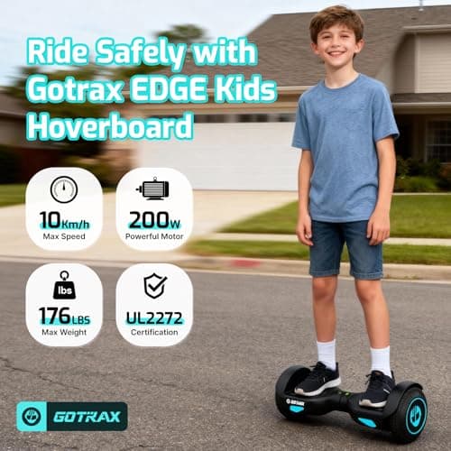 Gotrax Edge Hoverboard with 6.5" LED Wheels & Headlight, Max 6.4km Range & 10km/h Power by Dual 200W Motor, UL2272 Certified and 50.4Wh Battery Self Balancing Scooters for 44-176lbs Kids Adults(Black)