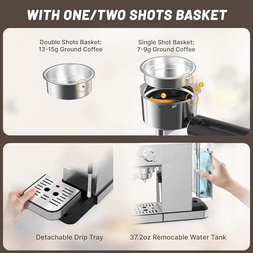Rounexes 20 Bar Espresso Machine, Semi-Automatic Espresso Machine with Milk Frother, Compact Espresso Coffee Maker For Café-Quality Lattes and Cappuccinos at Home & Office, Brushed Silver — view 5