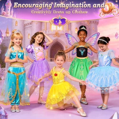 Jeowoqao Princess Costumes for Girls, Princess Dress up Clothes for Girl 4-6 Princess Dresses,Little Girl Dress up Pretend Role Play, Christmas Birthday Gifts for Toddler Girl Aged 3-6