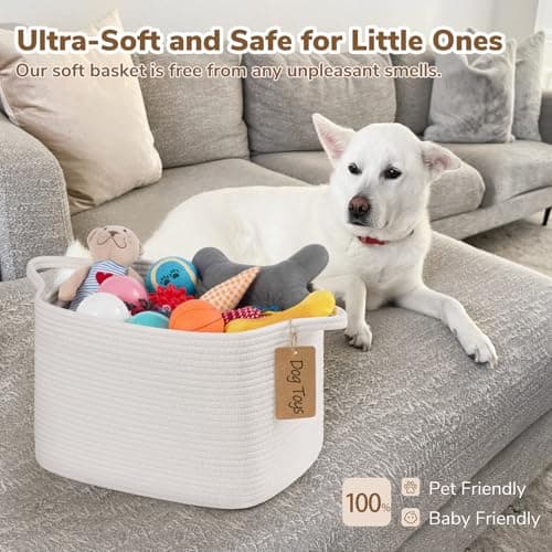 Goodpick Rope Basket, Storage Baskets for Organizing, Rectangle Baby Nursery basket with Handles, Small Woven Basket for Shelves, Living Room, 13 x 10 x 9 Inches, White — view 5