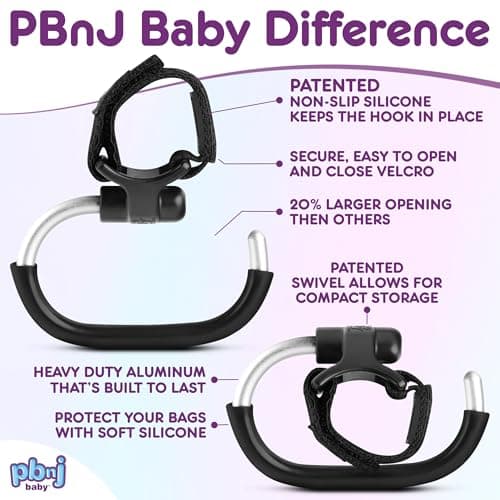 Stroller Hooks for Hanging Diaper Bags - Mommy Stroller Clip and Stroller Accessories Organizer Hook - Large Carabiner Clips for Mom Purse Shopping Grocery Bag and Accessory - (2 Pack) (Foldable) — view 5