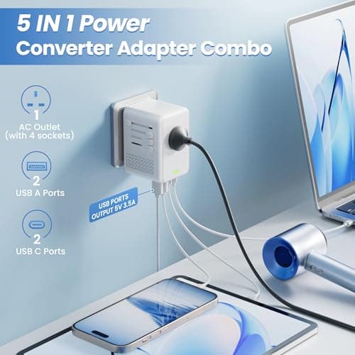 IPLUSO Converter for European Travel, Specially for Hair Dryers, 220v to 110v Voltage Converter with AC Socket, 2 USB C & 2 USB A Ports, Compact Voltage Converter US to Europe (White) — view 2