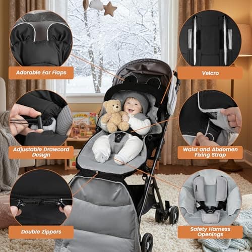 Bemece Warm Bunting Bag, Universal Winter Stroller Cover with Zip, Windproof Stroller footmuff for Baby Buggies Pushchair, Machine Washable （Hooded） — view 3