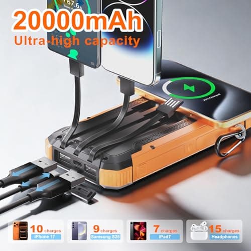 Solar Charger Power Bank 20000mAh, Wireless Fast Charging Battery Pack with 3 Built-in Cables & USB-C Input, Dual LED Flashlights, Portable Phone Charger for Camping, Travel & Emergency Use (Orange)