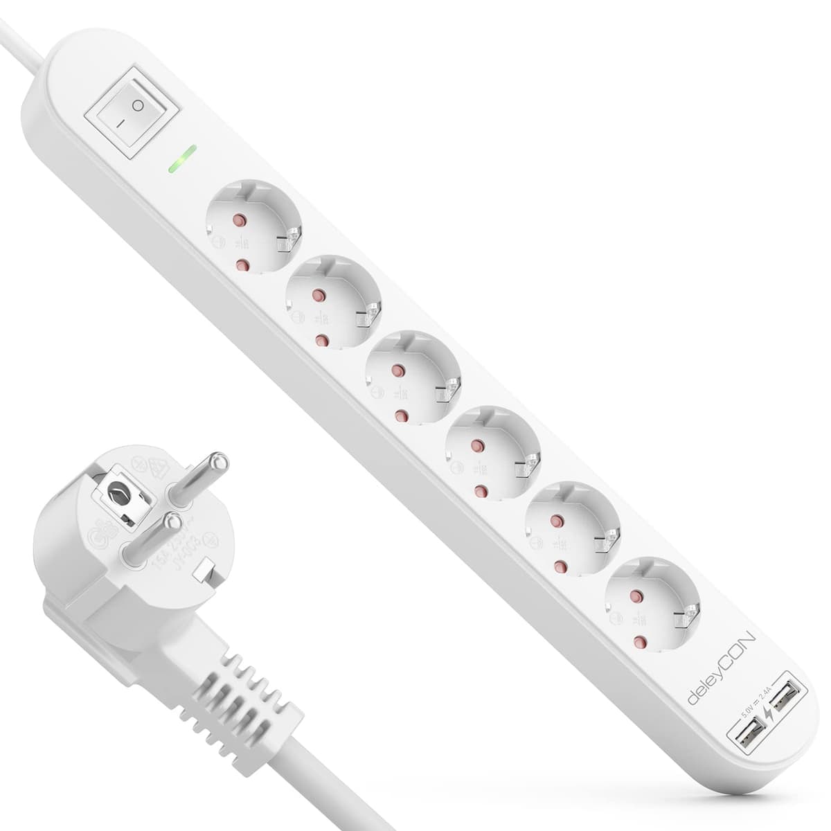 deleyCON Regleta con 1,5 m, Seis Tomas, Puertos USB, Dos Salidas USB-A para Cargar Móvil y Tableta, Protección contra Sobretensión, Interruptor, Blanco