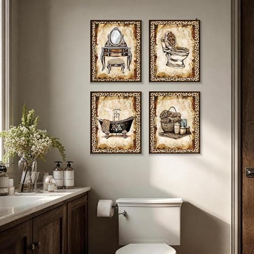 MKYFHSVGD Leopard Print Bathroom Wall Art Posters Set of 4, Vintage Cheetah Vanity Bathtub Toilet Prints Posters for Bathroom Washroom Restroom Powder Room Wall Decor, 8x10 Unframed — view 4