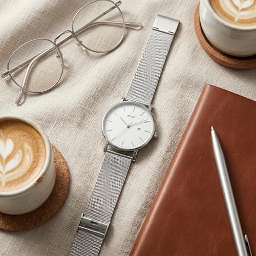 BUREI Ultra Thin Minimalist Men Watch, All Silver Stainless Steel Mesh Band,Analog Waterproof Casual Business Wristwatch, Gift for Father — view 5