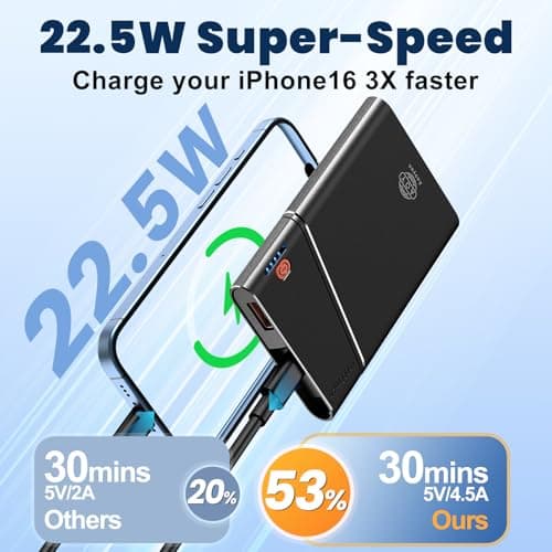 Aaoyun 10000mAh Portable Power Bank, 22.5W PD Fast Charging Battery Pack with Built-in USB-C Cable, Ultra-Slim External Phone Charger for iPhone 17/16/15, Samsung Galaxy S24, Android (Black)