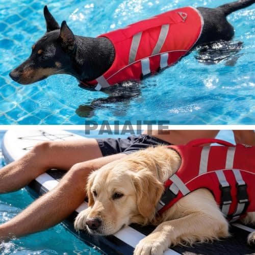 Paiaite Dog Life Jacket: Ripstop High Buoyancy Swimsuit with Reflective Stripes & Rescue Handle - Adjustable Preserver with Leash Hook for Swimming, Boating & Lake Activities for Dogs Red S — view 5