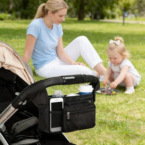 Black Stroller Organizer with Insulated Cup Holders, Universal Stroller Caddy Bag with Adjustable Straps, Tissue Pocket, Phone Pocket and Multi Compartment Storage
