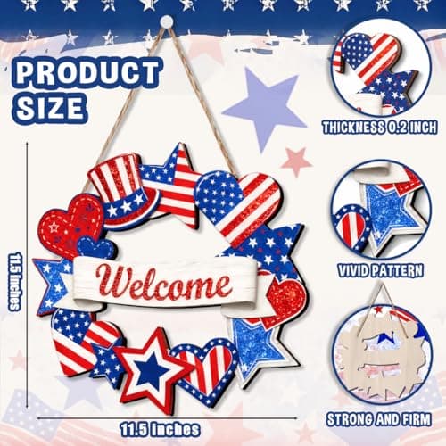 Wooden 4th of July Decorations Patriotic Wreaths for Front Door Independence Day Decorations Star Sign Welcome Memorial Day Hanging for Home Wall Decor Outdoor Indoor Red White and Blue Wreath