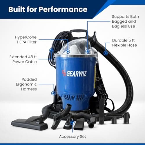 Gearwiz Backpack Vacuum Cleaner – 1000W Shoulder Vacuum with 25KPA Suction, Bagged or Bagless Use, Adjustable Harness, Double Filtration, Washable Dust Bag & Tools for Home, Office, Stairs & Cars — view 2