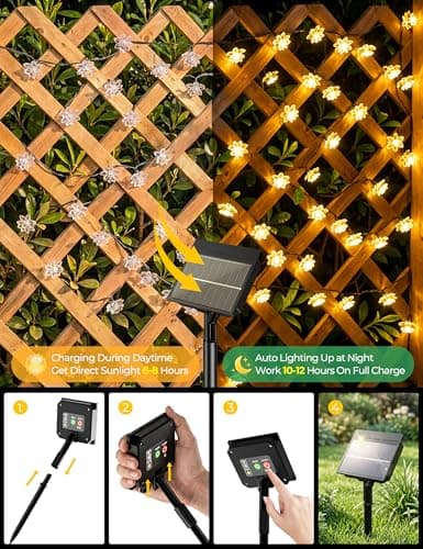 Brightown 50 LED Warm White Solar Flower String Lights Outdoor, IP65 Waterproof Fairy Lights, 8 Modes Solar Christmas Lights Outdoor for Garden Fence Yard Lawn Tree Wedding Party — view 3