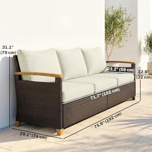 Outsunny 3 Seater Outdoor Couch Sofa, PE Wicker Patio Couch with Wide Deep Seat, 4" Cushions, Wood-Effect Armrests and Legs, Patio Furniture Couch for Garden, Backyard, Cream White
