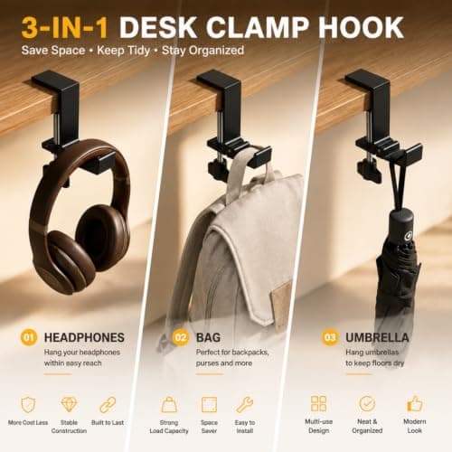 JAKO Headphone Stand for Desk, Aluminum Alloy Foldable Headphone Holder - Headset Stand Hook Mount, PC Gaming Headset Holder Under Desk Clamp for Office, Computer, Student Class Table, Handmade Table — view 3