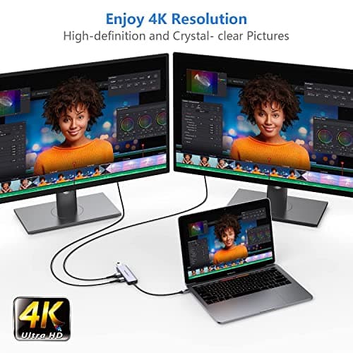 USB C Dual HDMI Adapter for 2 Monitors, Newmight 4-in-1 USB C to Dual Monitor HDMI Splitter, Supports Single 4K 60Hz and Dual 4K 30Hz, 100W PD, USB-A Port for MacBook, HP, Dell, iPhone 15/16 Series — view 4
