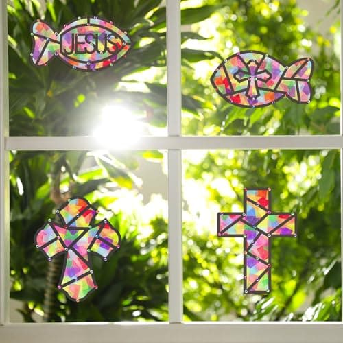 30 Set Hanukkah DIY Craft Kits，Hanukkah Tissue Paper Sign Craft Kit Chanukah Star of David Jewish Menorah Hanging Ornaments Suncatchers Craft for Classroom Decorations DIY Art Activities (Cross2) — view 3