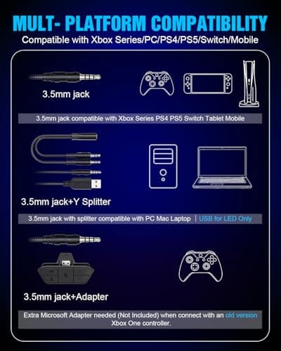 BENGOO Gaming Headset for Xbox Series X|S Xbox One PS5 PS4 PC Switch Mac, Wired Over Ear Headphones with 7.1 Surround Sound, 50mm Drivers, Noise Cancelling Mic, RGB Lighting, Memory Foam Earcups — view 2