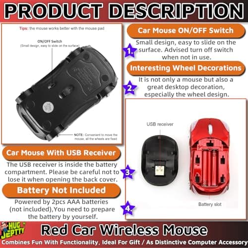 HUGJEPTTY Cute Mouse Wireless Red，1600DPI 2.4G with USB Reciver Car Mouse for Computer Wireless Computer Mouse Wireless USB Wireless Mouse for Laptop Computer Tablet for Windows for Mac OS（Red） — view 4
