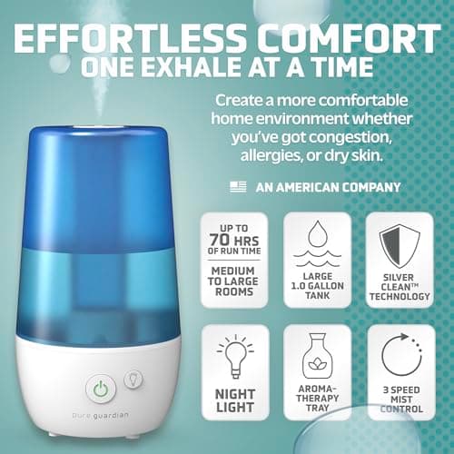 PureGuardian 1-Gallon Ultrasonic Cool Mist Humidifier with Essential Oil Tray, 70-Hour Run Time on Low, Covers 320 Sq, Ft, Silver Clean Protection, Filter Free for Bedrooms, Offices, Home, H965AR