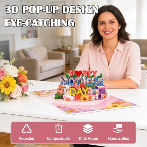 Mother's Day Card, 3D Pop Cards for Mom, Pink Happy Mother's Day Flowers Greeting Card with European Pearlescent Envelope and Note Card