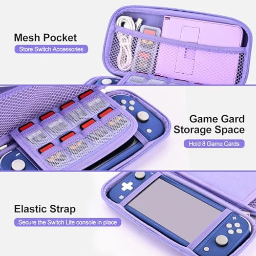 innoAura Switch Lite Case 18-in-1 Accessories Bundle for NS Switch Lite (2019), with Protective Carrying Case, Game Holder, Screen Protector & Cute Thumb Grips, Purple — view 3