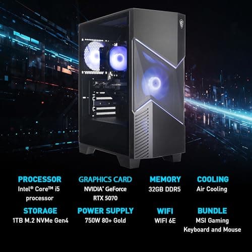 msi Codex R2 Gaming Desktop PC | NVIDIA GeForce RTX 5070 12GB | Intel Core i5-14400F | 32GB DDR5 RAM | 1TB NVMe SSD | Air Cooling | Wi-Fi 6E | Windows 11 Home | VR Ready | D14NVP5-613US