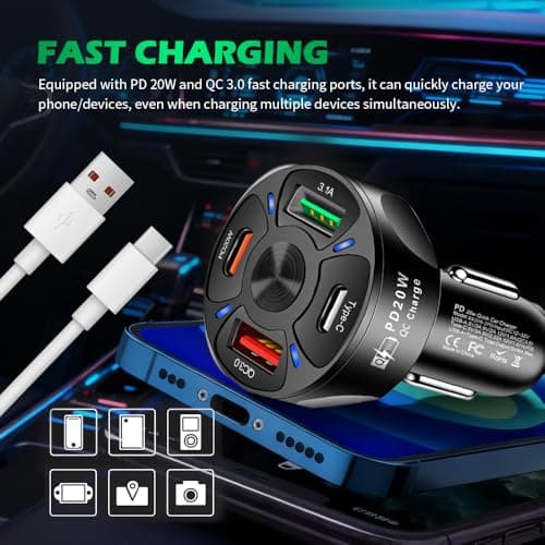 4 Ports Fast Car Charger Adapter,12V/24V Car Cigarette Lighter USB Charger Includes QC3.0/PD20W/Type-C/3.1A,Universal Cars Cigarette Lighter Adapter Cars Phone Chargers (Black) — view 2