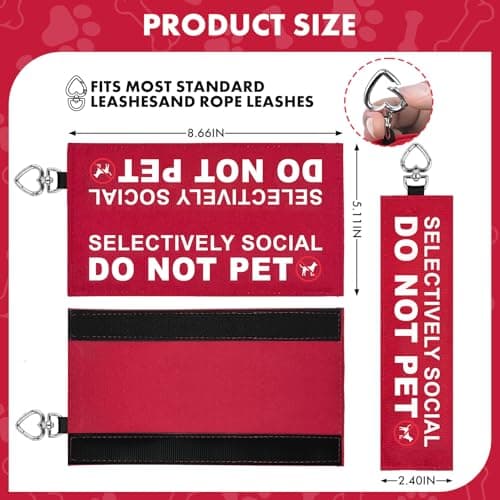 Selectively Social Dog Leash Wrap, Double-Sided Visible Dog Sleeve with Heart Carabiner, Ripstop Do Not Pet Warning Sign, Fits Standard Rope & Flat Leashes, Red