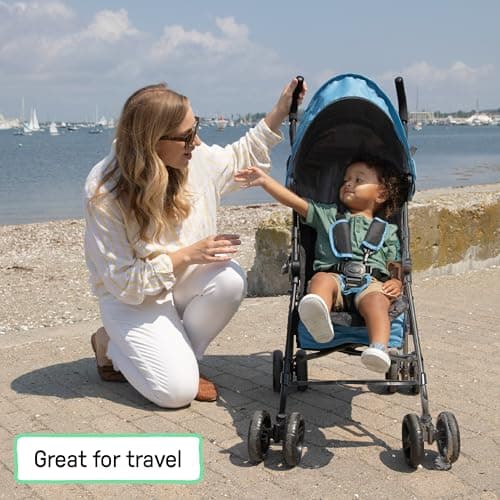 Summer Infant Infant 3Dmini Convenience Stroller, Blue/Black – Lightweight with Compact Fold, Multi-Position Recline, Canopy with Pop Out Sun Visor and More – for Travel and More