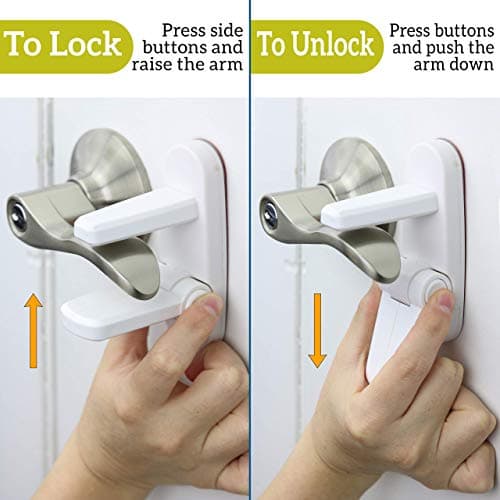 Door Lever Lock (2 Pack) Prevents Toddlers from Opening Doors. 3.25" L * 1.5" W * 4.5" H Easy One Hand Operation for Adults. Durable ABS with 3M Adhesive Backing. Simple Install, No Tools Needed.