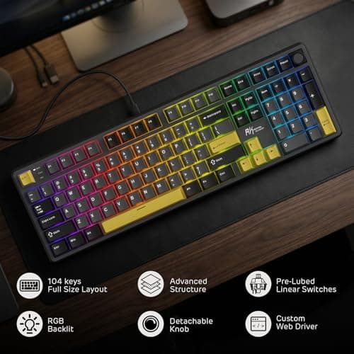 RK ROYAL KLUDGE X104 Full Size Mechanical Keyboard, Wired Creamy Gaming Keyboard with Number Pad and Knob,104-Key Computer Keyboard Linear Switch, RGB Backlit, PBT Keycap, Online Software for Wins/Mac