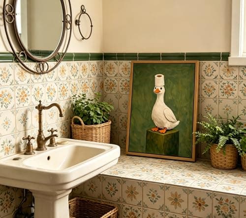 Framed Funny Bathroom Canvas Wall Art, Duck and Toilet Paper Painting Picture Wall Decor, Vintage Cute Animal Toilet Poster Print Artwork for Bathroom, Washroom, Restroom Decoration 8x10in