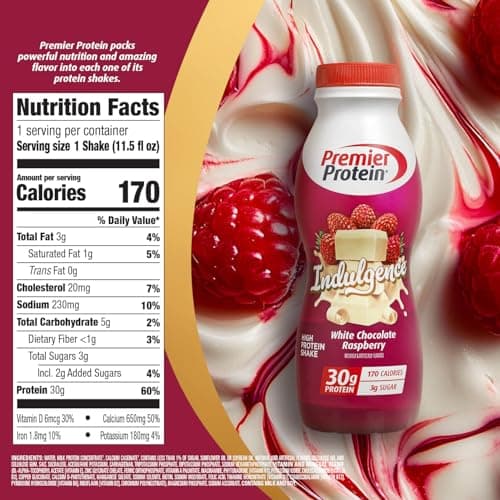 Premier Protein Shake INDULGENCE, White Chocolate Raspberry, 30g Protein, 170 Calories, 3g Sugar, 11.5 fl oz, 12 Pack (Packaging May Vary)