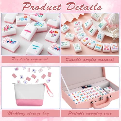 Soulchen 1.4 Inch Acrylic Pink American Mahjong Set 168 Blossom Numbered Tiles, Tiles Bag and Portable Case Classic Complete Mahjong Set for Adult Collection Gift — view 4