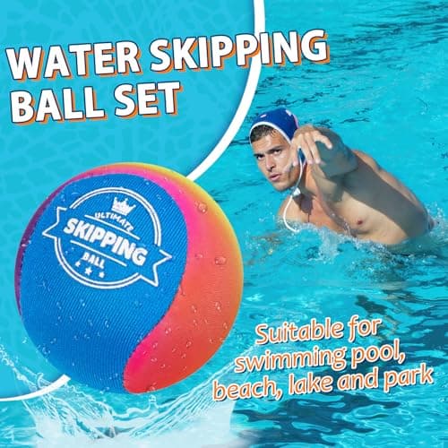 Korlon Tec Skipping Water Balls for Pool, 2 Pack Splash Skip Ball Water Bouncing Ball with Mesh Bag, Summer Water Lake Beach Pool Toys for Kids Ages 4-8 8-12 and Adults Games (Rainbow)