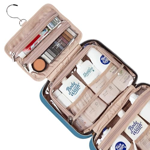 NISHEL Travel Toiletry Bag for women, Portable Hanging Organizer for Full-Sized Shampoo, Conditioner, Brushes Set, Makeup Accessories, Large Size, Lake-Blue — view 3