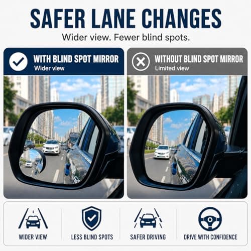 PyraLume Frameless Car Blind Spot Mirror 2 Pack - Premium Convex HD Glass Round Side Blind Spot Mirrors with Wide Angle View, Eliminate Blind Zones & Parking Assistance for Safe Driving