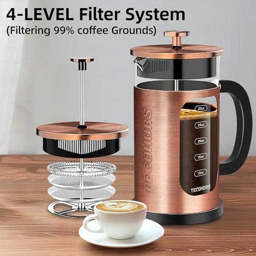 TECOHORS French Press Coffee Maker 34oz / 1 Quart 304 Stainless Steel Coffee Press,with 4 Filters System, Heat Resistant Thickness Borosilicate Glass, Brewed Coffee Pot (Copper) — view 3