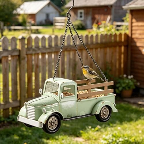 Vintage Truck Bird Feeder, Retro Pickup with Chain, Weather Resistant Metal Wild for Garden Patio Backyard Decor