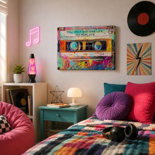 Retro Cassette Tape Canvas Wall Art, You Only Got One Life No Replays Graffiti Wall Decor, Vintage 80s 90s Music Framed Artwork for Living Room Bedroom Home Decoration 12x16 Inch — view 2