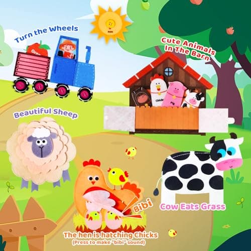OCHIDO Busy Book for Toddlers 1-3, Montessori Farm Quiet Book with Finger Puppets, Soft Sensory Activity Book for Travel Learning, Christmas Birthday Gift for Boys & Girls — view 2