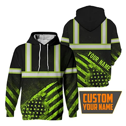 HiVis Custom Safety Hoodie - Green US Flag Customize Name High Visibility Hoodie for Men - Reflective Workwear for Runners, Walkers, Truckers, Operators, Patriotic — view 3