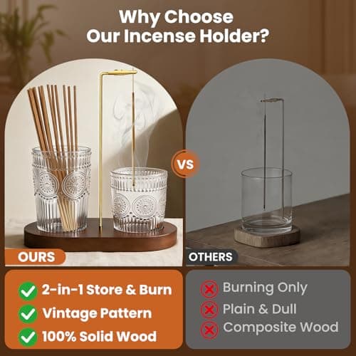 2 in 1 Incense Holder for Sticks, Vintage Glass Upside Down Incense Burner with Removable Ash Catcher & Solid Wood Base, Anti-Ash Flying Catcher for Meditation, Yoga, Spa & Home Decor- Brown — view 2
